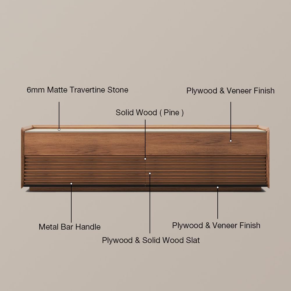 POVISON Fully-Assembled Mid Century Matte Sintered Stone TV Stand, 94.49" Wood Media Console with Adjustable LED Light, Entertainment Center with Storage for Living Room