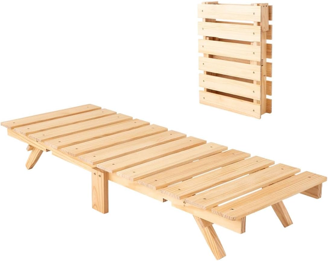 EMOOR Foldable Wood Slatted Floor Bed Frame OSMOS Twin Solid Pine (Earth-Natural), Easy Assembly Space Saving Storable Floor Life Tatami