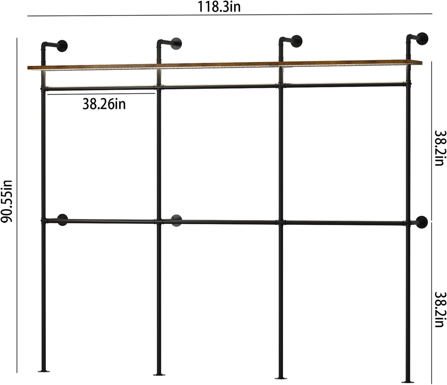 Industrial Pipe Clothes Racks with LED Lights& Shelves, 118" Wall Mounted Clothing Rack for Hanging Clothes, Heavy Duty Industrial Pipe Shelving for Walk-in Closet, Black