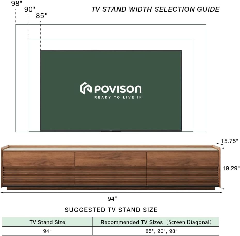 POVISON Fully-Assembled Mid Century Matte Sintered Stone TV Stand, 94.49" Wood Media Console with Adjustable LED Light, Entertainment Center with Storage for Living Room