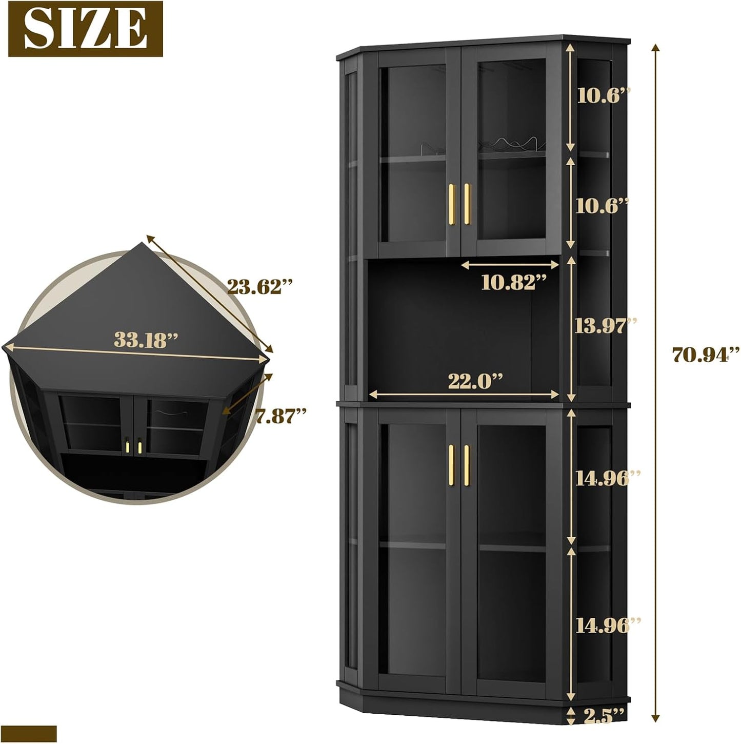 71'' Corner Wine Bar Cabinet with LED Lights,5-Tier Tall Home Liquor Coffee Bar Cabinet W with Tempered Glass Door & Glasses Rack, Alcohol Cabinet Storage Hutch for Kitchen, Living Room, Dining Room