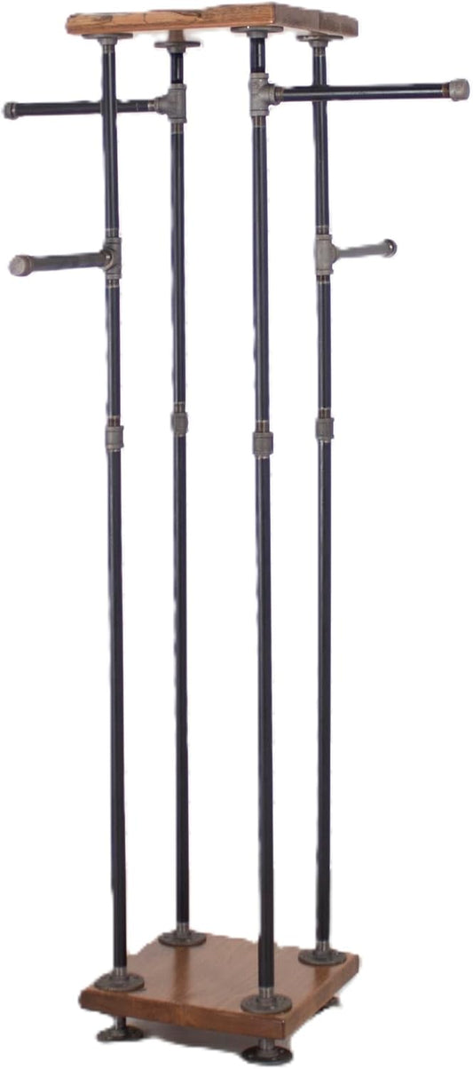 Industrial Pipe and Wood Clothes Rack 4-Way, Garment Rack, Clothing Rack, Closet Organizer, Clothing Storage and Display