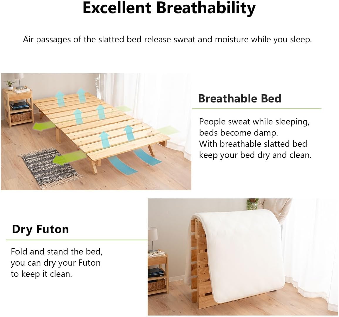 EMOOR Foldable Wood Slatted Floor Bed Frame OSMOS Twin Solid Pine (Earth-Natural), Easy Assembly Space Saving Storable Floor Life Tatami