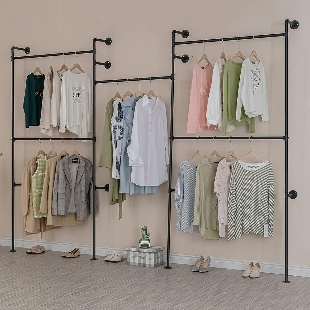 Industrial Pipe Clothes Rack, Heavy Duty Detachable Wall Mounted Black Iron Garment Bar, Clothing Store Display Stands Garment Rack Closet System (125.5 x 93.7inch)