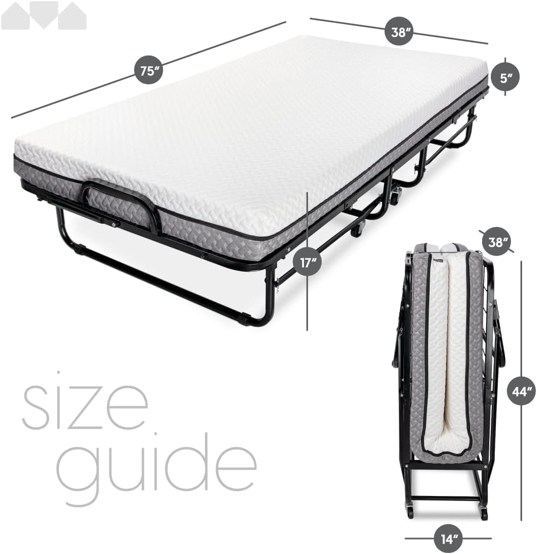 Milliard Deluxe Diplomat Folding Bed with Mattress for Adults, Twin Size, Portable Foldable Bed with Luxurious Memory Foam Mattress & Super Strong Frame, 75” x 38", Fold Up, Roll Away, & Hideaway