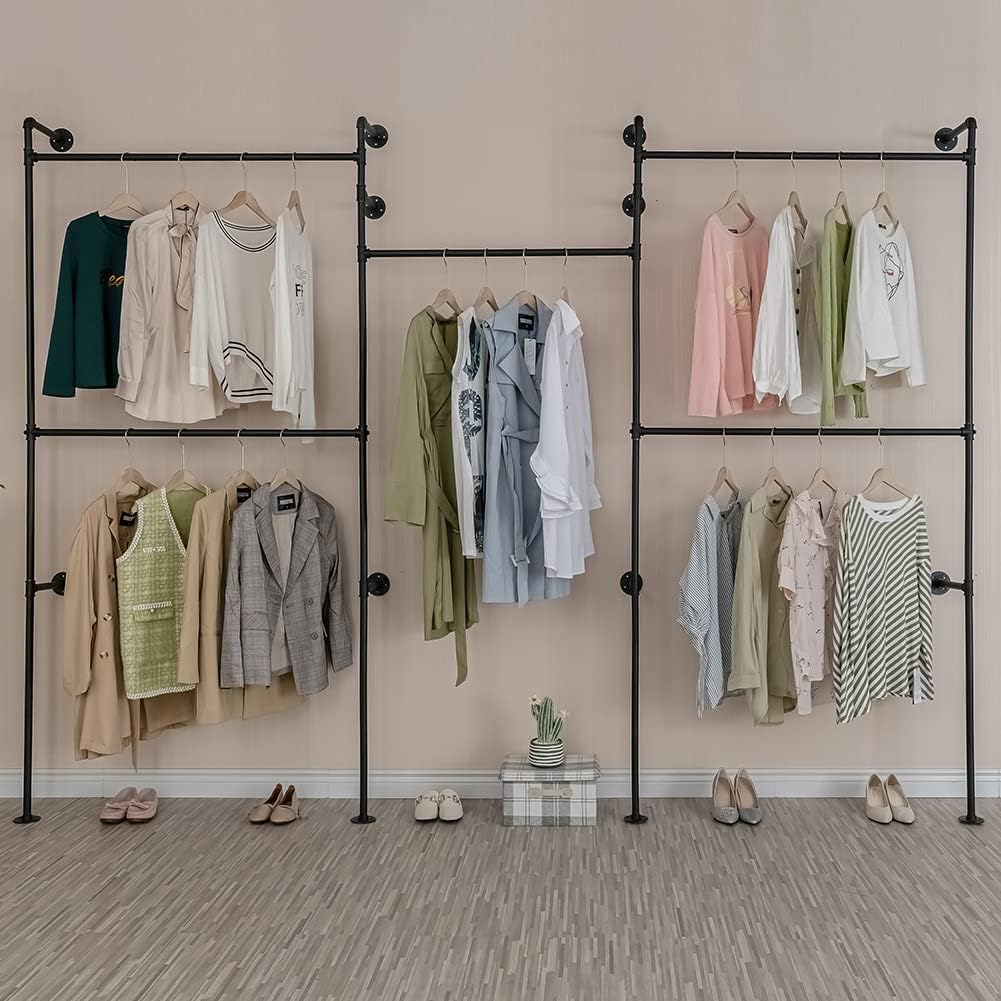 Industrial Pipe Clothes Rack, Heavy Duty Detachable Wall Mounted Black Iron Garment Bar, Clothing Store Display Stands Garment Rack Closet System (125.5 x 93.7inch)