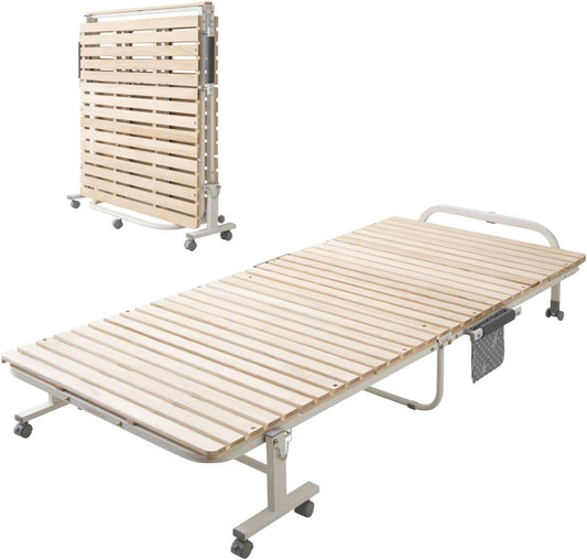 EMOOR Wooden Slatted Folding Bed Frame Twin, Foldable Rollaway Sturdy Paulownia Japanese Futon Mattress Tatami Natural No Box Spring Needed
