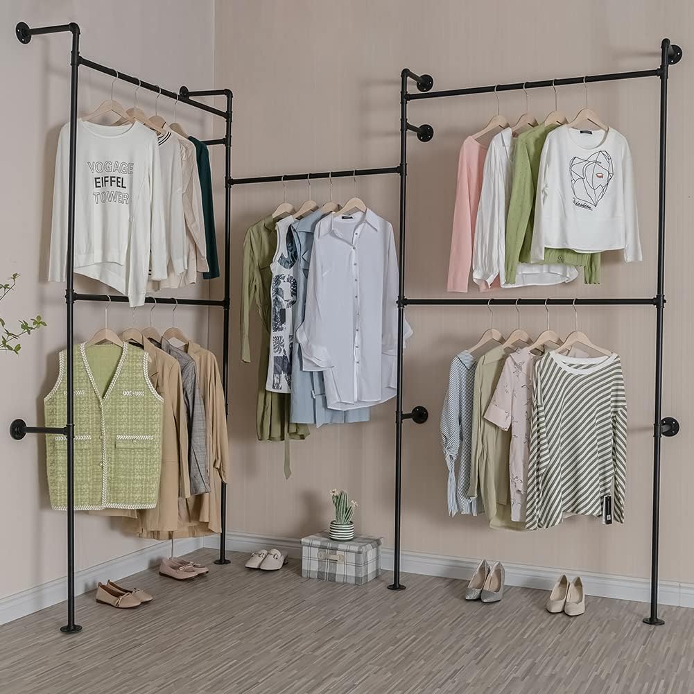 Industrial Pipe Clothes Rack, Heavy Duty Detachable Wall Mounted Black Iron Garment Bar, Clothing Store Display Stands Garment Rack Closet System (125.5 x 93.7inch)