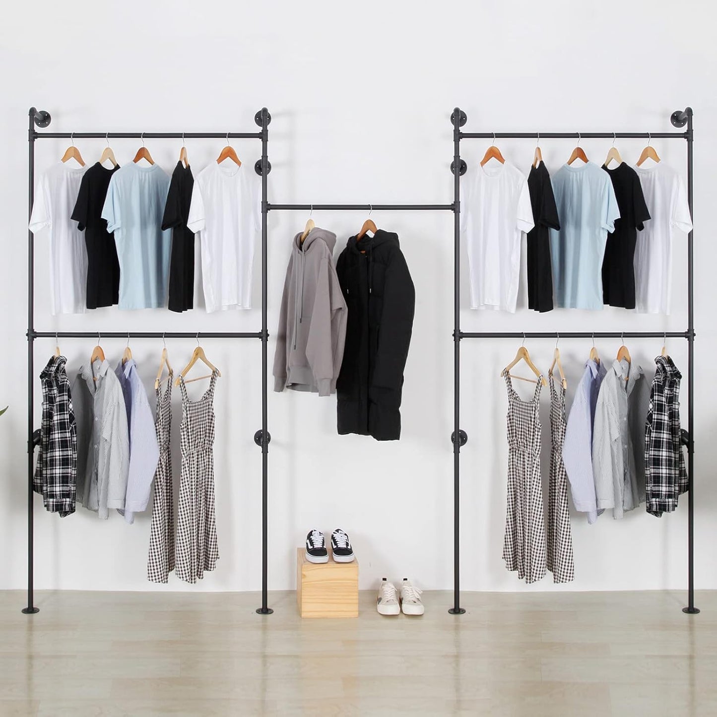 Industrial Pipe Clothes Rack, Heavy Duty Detachable Wall Mounted Black Iron Garment Bar, Clothing Store Display Stands Garment Rack Closet System (125.5 x 93.7inch)