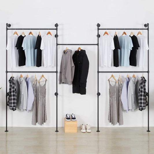 Industrial Pipe Clothes Rack, Heavy Duty Detachable Wall Mounted Black Iron Garment Bar, Clothing Store Display Stands Garment Rack Closet System (125.5 x 93.7inch)