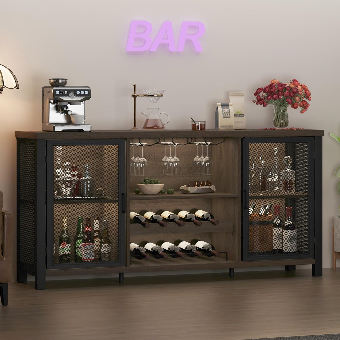 Launica Liquor Bar Cabinet, Industrial Wine Cabinet, Rustic Sideboard Buffet Cabinet for Liquor and Glasses, Coffee Bar Cabinet with Storage Rack for Home Kitchen Dining Room, Dark Grey Oak, 55 in