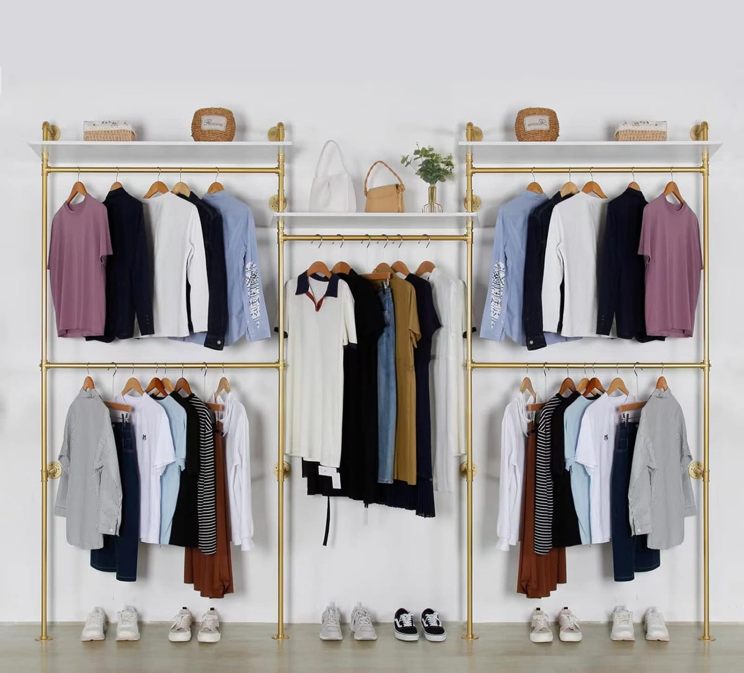 Industrial Pipe Clothes Rack, Heavy Duty Detachable Wall Mounted Black Iron Garment Bar, Clothing Store Display Stands Garment Rack Closet System (125.5 x 93.7inch)