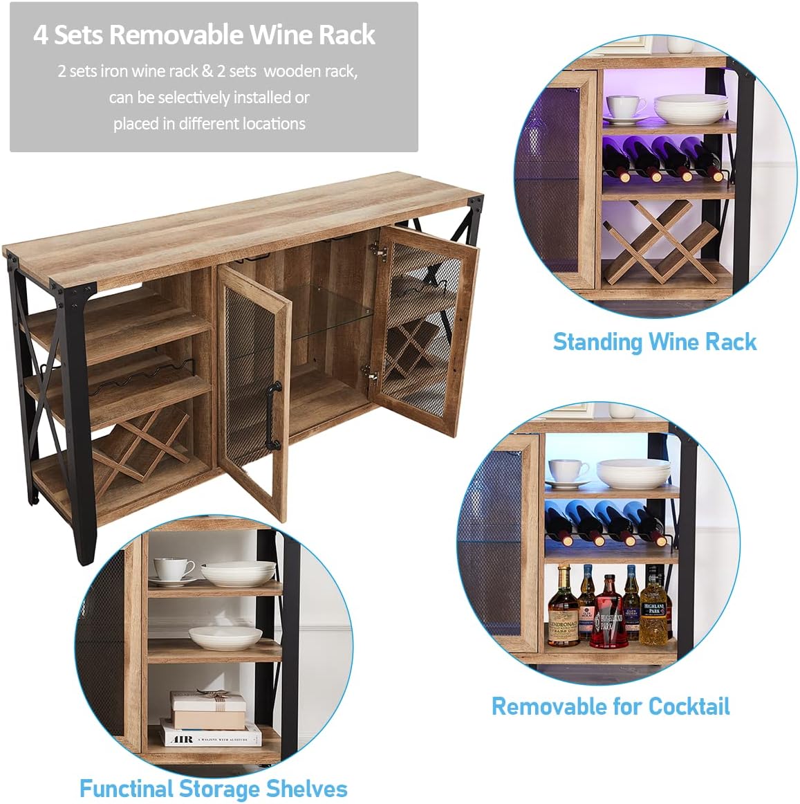 Vabches 58" Wine Cabinet with Wine Rack Storage,Home Bar for Liquor and Glasses, Farmhouse Coffee Bar Cabinet, Liquor Cabinet for Home Living Room Dining Room