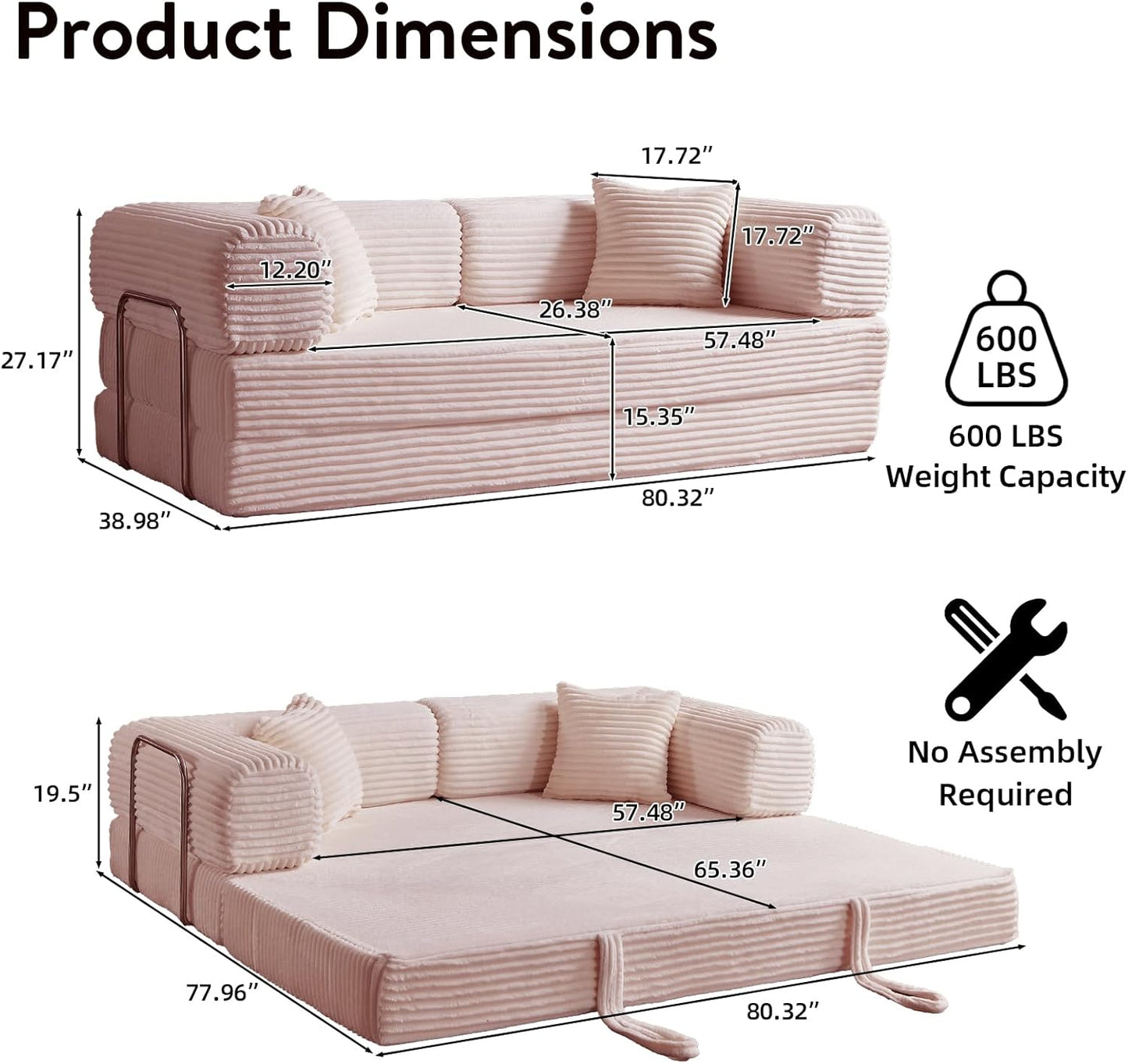 4-in-1 Convertible Folding Sleeper Sofa Bed, Plush Corduroy Foldable Mattress Couch with Fixed-Shape Frame, Floor Compressed Sofa for Living Room, Bedroom (Pink)