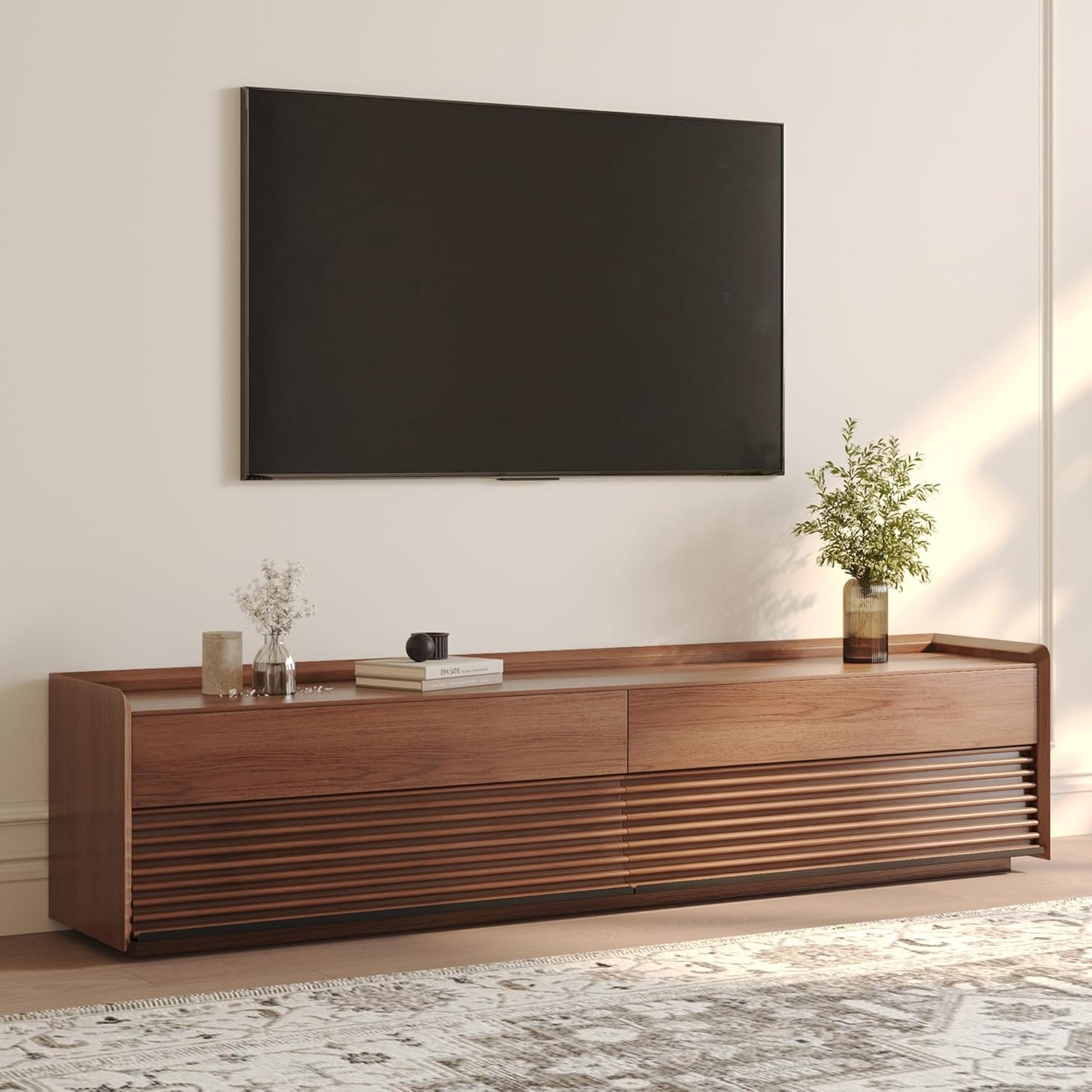 POVISON Fully-Assembled Mid Century Matte Sintered Stone TV Stand, 94.49" Wood Media Console with Adjustable LED Light, Entertainment Center with Storage for Living Room