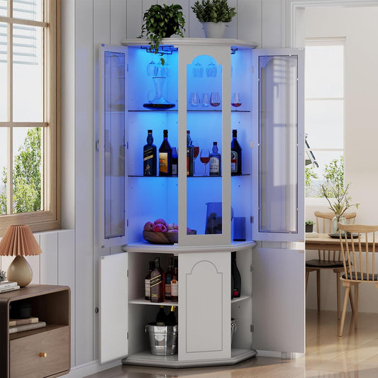 Corner Bar Cabinet w/LED Lights, Tall Modern Wine Cabinet with Tempered Glass Door & Adjustable Shelves, Home Bar Liquor Storage Cabinet with Glass Rack for Living Room, Dining Room (White)