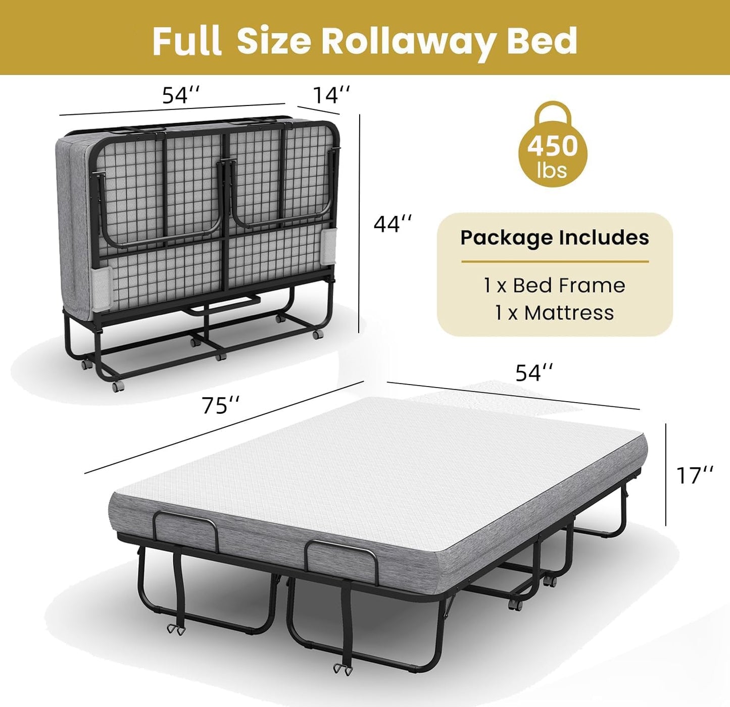 Full Size Folding Bed with Mattress - Extra Large Size 75''x54'' Foldable Rollaway Bed for Guest, Space Saving Fold Up for Easy Storage