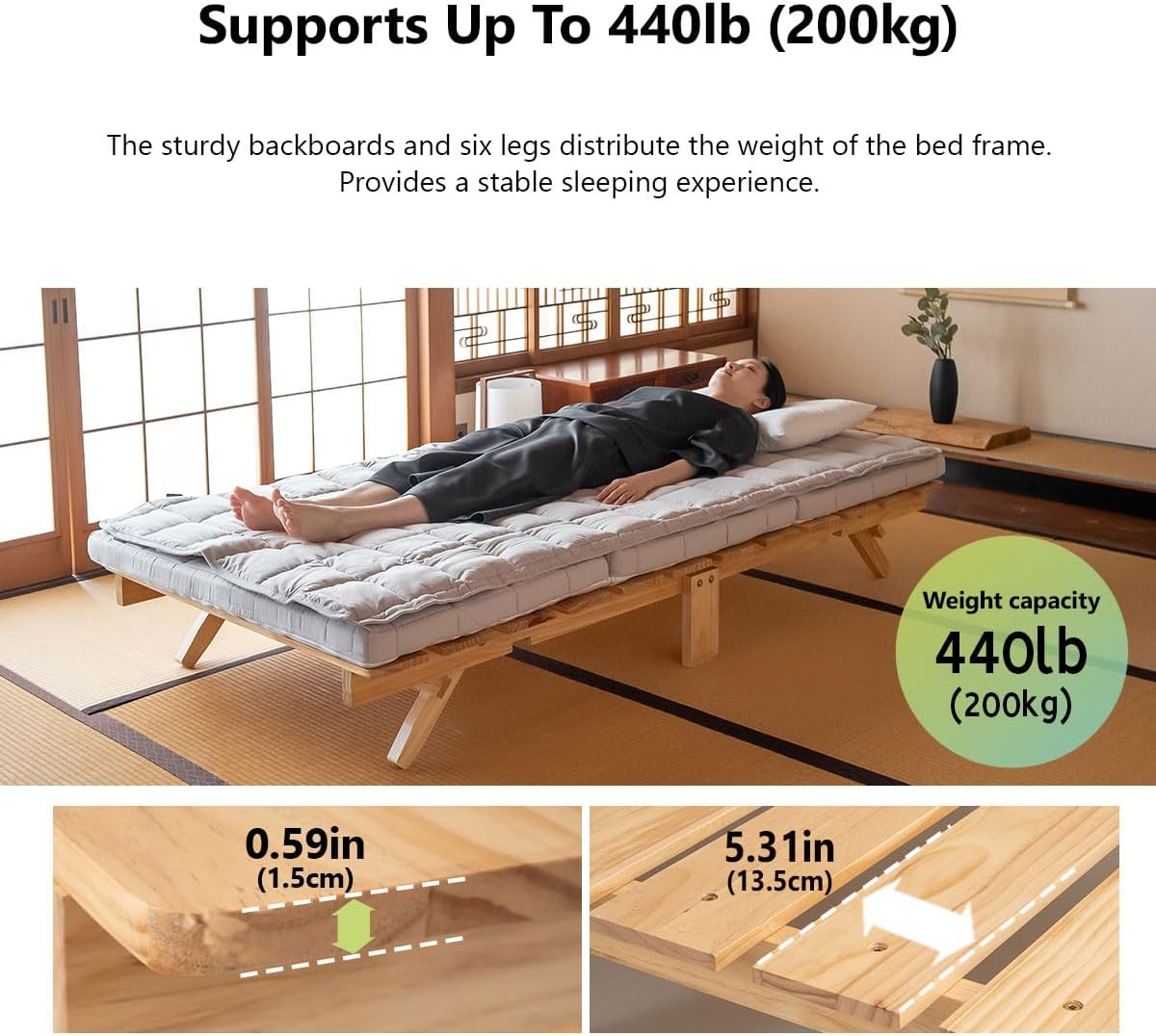 EMOOR Foldable Wood Slatted Floor Bed Frame OSMOS Twin Solid Pine (Earth-Natural), Easy Assembly Space Saving Storable Floor Life Tatami