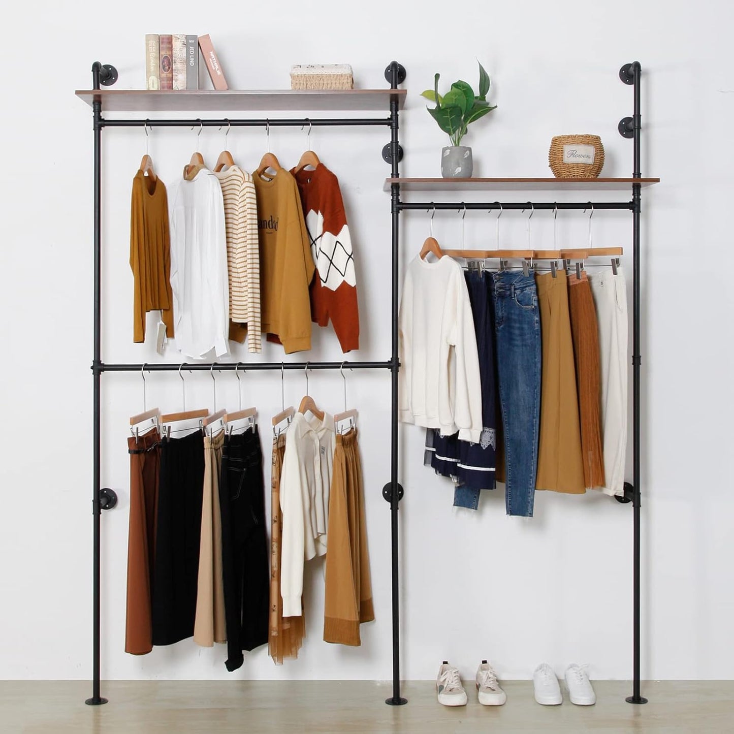 Industrial Pipe Clothes Rack, Heavy Duty Detachable Wall Mounted Black Iron Garment Bar, Clothing Store Display Stands Garment Rack Closet System (125.5 x 93.7inch)