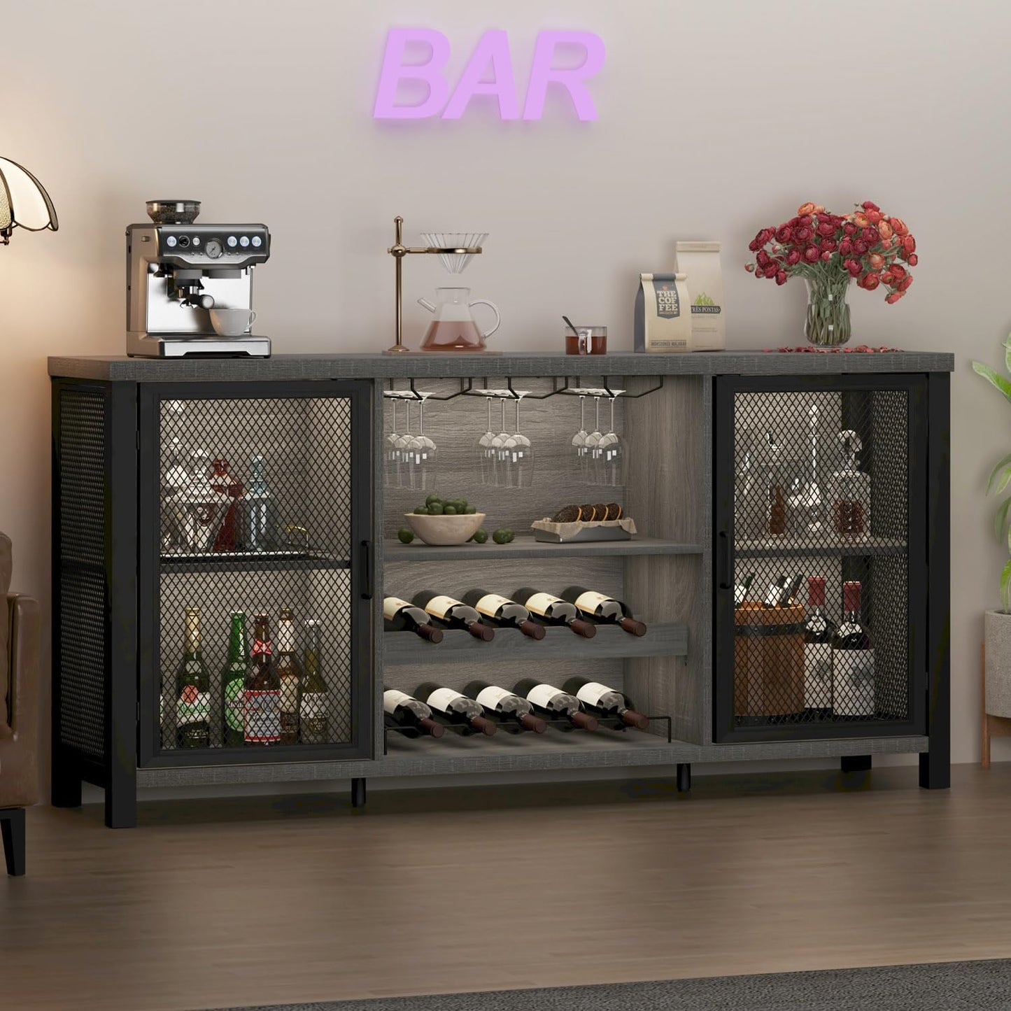 Launica Liquor Bar Cabinet, Industrial Wine Cabinet, Rustic Sideboard Buffet Cabinet for Liquor and Glasses, Coffee Bar Cabinet with Storage Rack for Home Kitchen Dining Room, Dark Grey Oak, 55 in