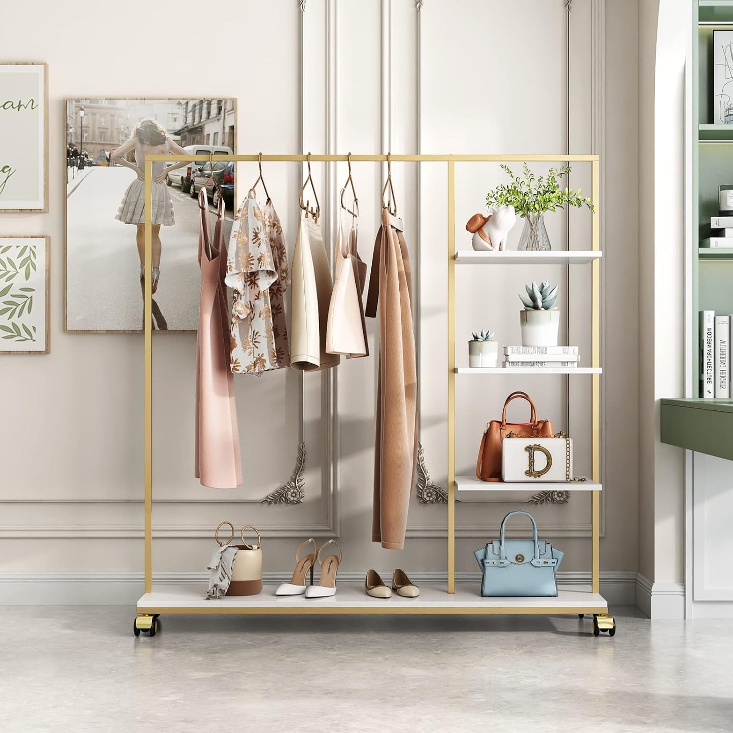 Heavy Duty Clothing Rack with Shelves for Hanging Clothing, Gold Metal Freestanding Garment Rack for Retail Display (47.24" L)