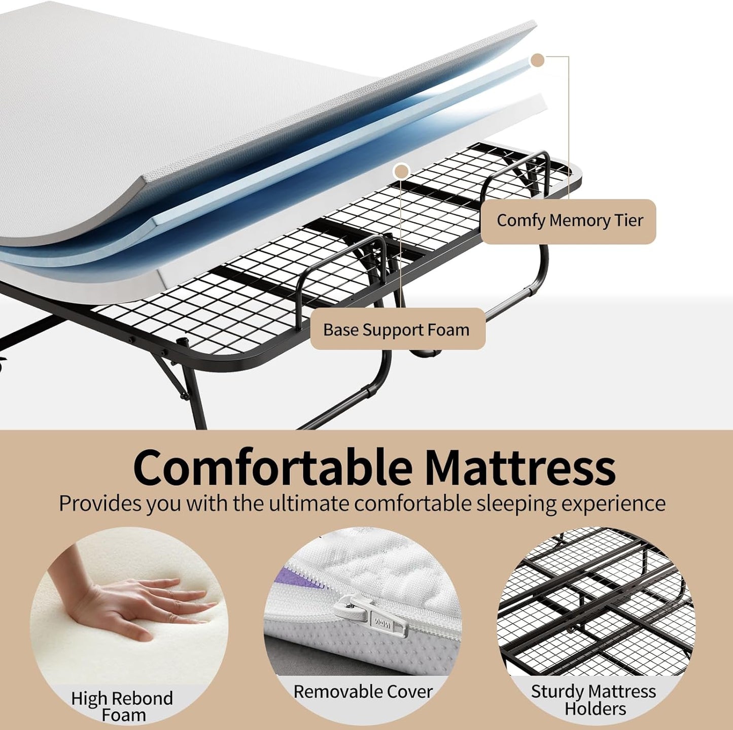 Folding Bed with Mattress 75"x54" Extra Wide Double Folding Bed, Upgraded Sturdy Construction Portable with Mattress for Adult Guests, Folds Down to Save Space (75" x 54")
