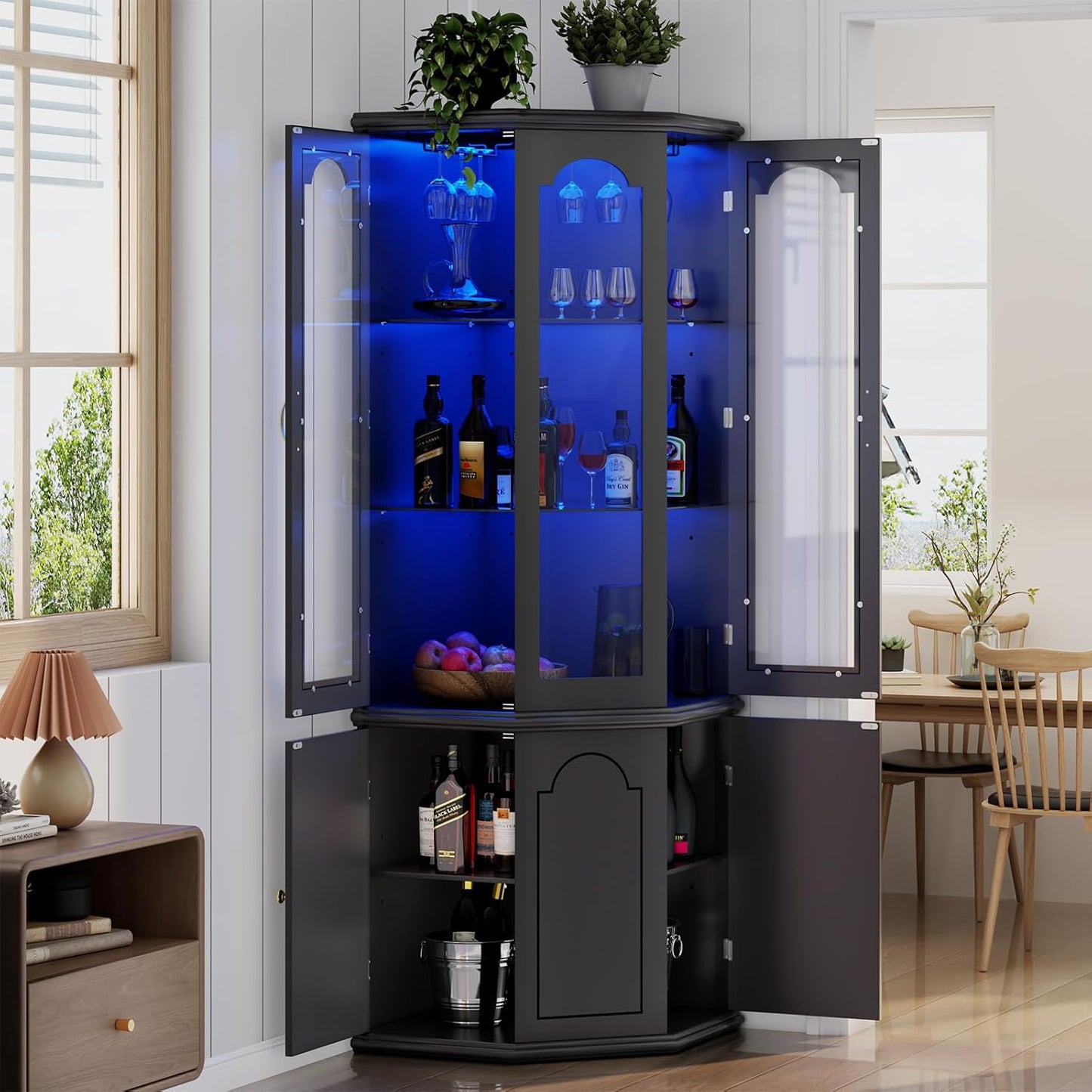 Corner Bar Cabinet w/LED Lights, Tall Modern Wine Cabinet with Tempered Glass Door & Adjustable Shelves, Home Bar Liquor Storage Cabinet with Glass Rack for Living Room, Dining Room (White)