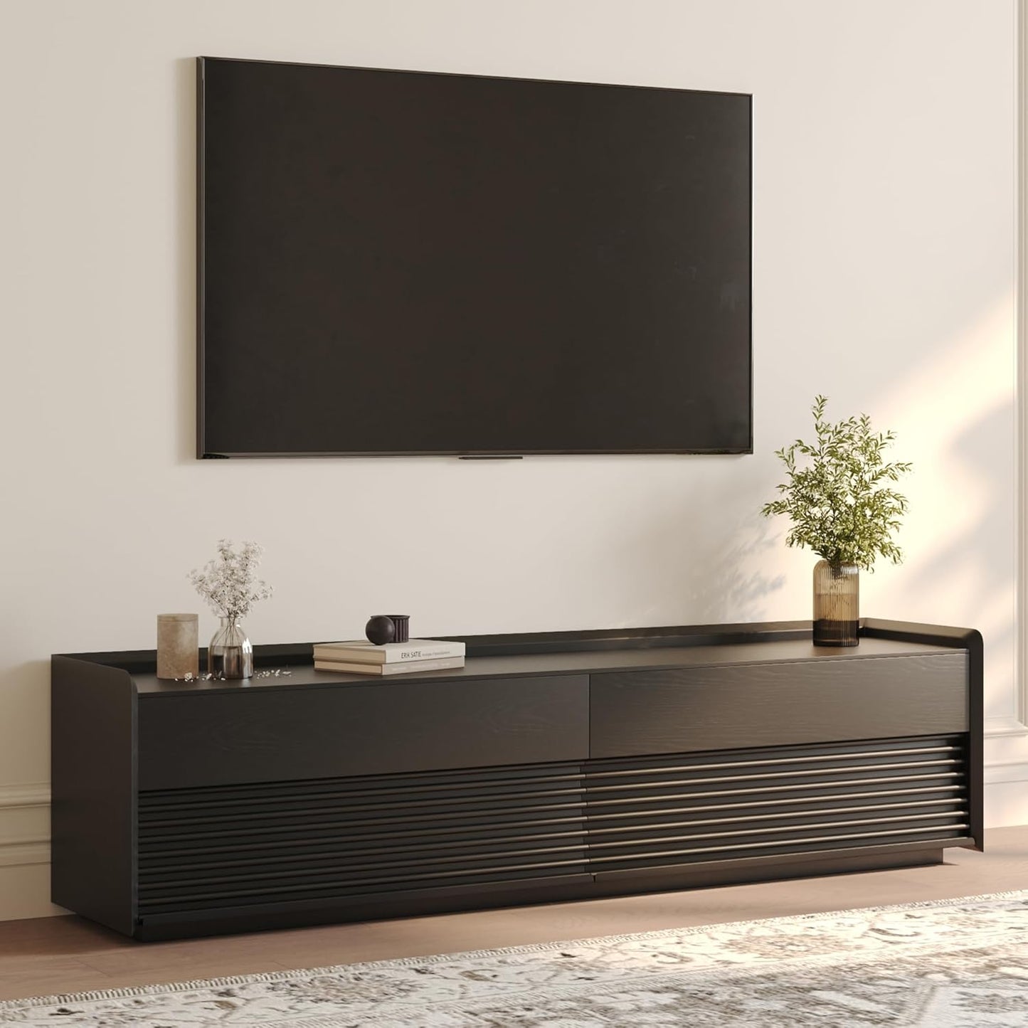 POVISON Fully-Assembled Mid Century Matte Sintered Stone TV Stand, 94.49" Wood Media Console with Adjustable LED Light, Entertainment Center with Storage for Living Room