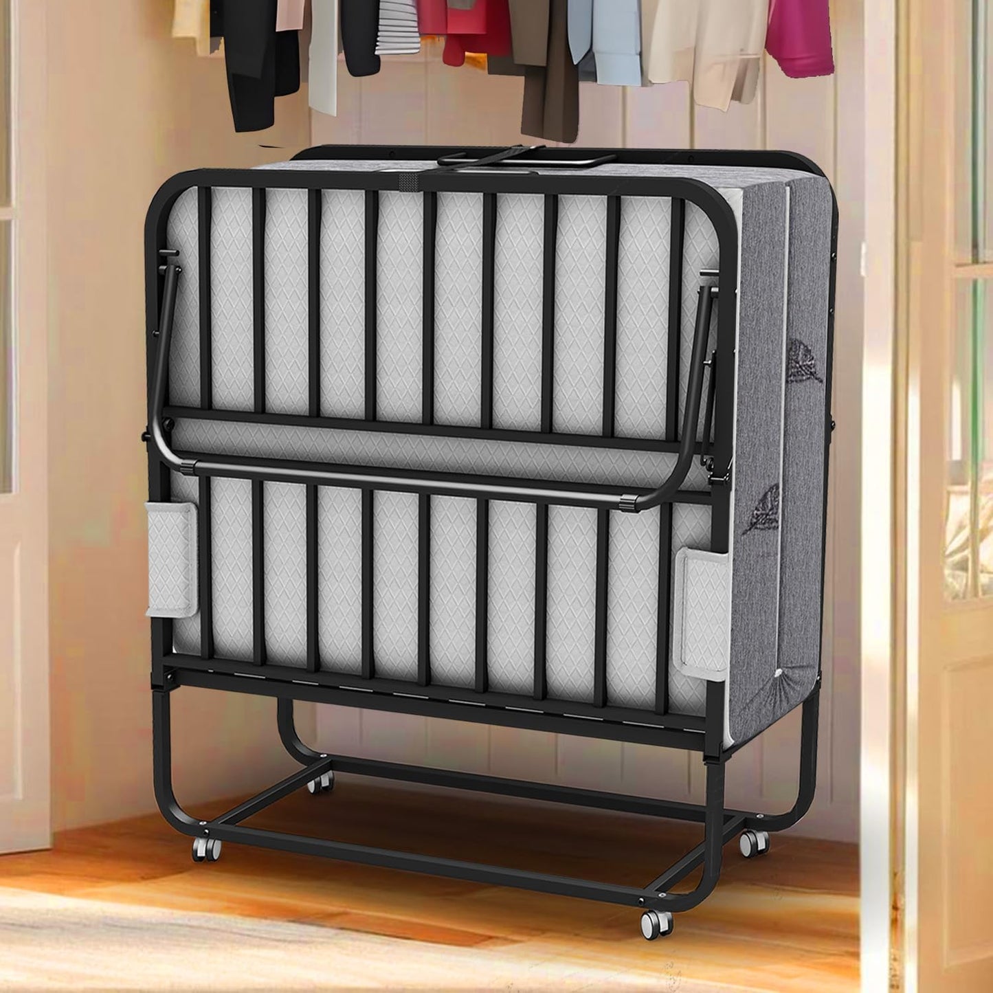 Folding Bed with Mattress 75 x 54 Full Size for Adults Rollaway Bed Fold Up Foldable Portable Extra Large Spare Guest Beds on Wheels for Home School Dorm Office Hospital