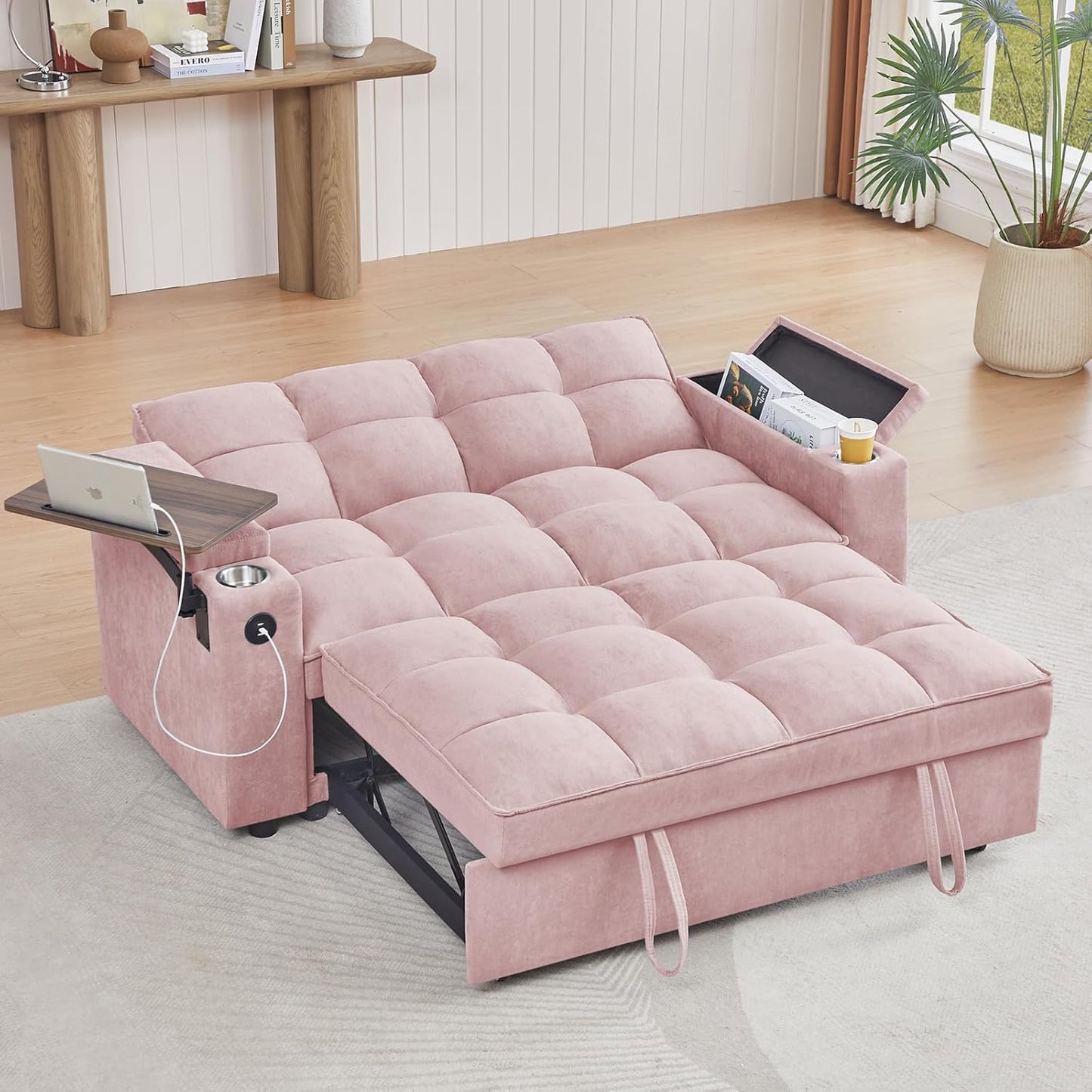 65'' 3-in-1 Folding Convertible Sofa Bed, Pullout Sofa, Modern Chenille Fabric, 360° Swivel Side Table, Easy Assembly, Perfect for Living Room, Black