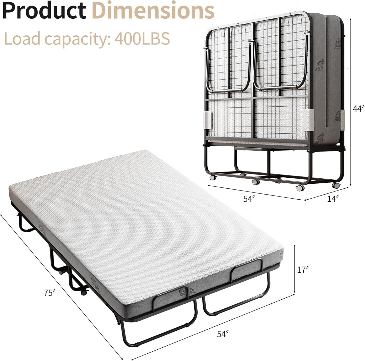 Folding Bed with Mattress 75"x54" Extra Wide Double Folding Bed, Upgraded Sturdy Construction Portable with Mattress for Adult Guests, Folds Down to Save Space (75" x 54")