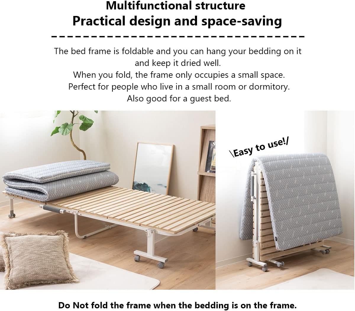 EMOOR Wooden Slatted Folding Bed Frame Twin, Foldable Rollaway Sturdy Paulownia Japanese Futon Mattress Tatami Natural No Box Spring Needed