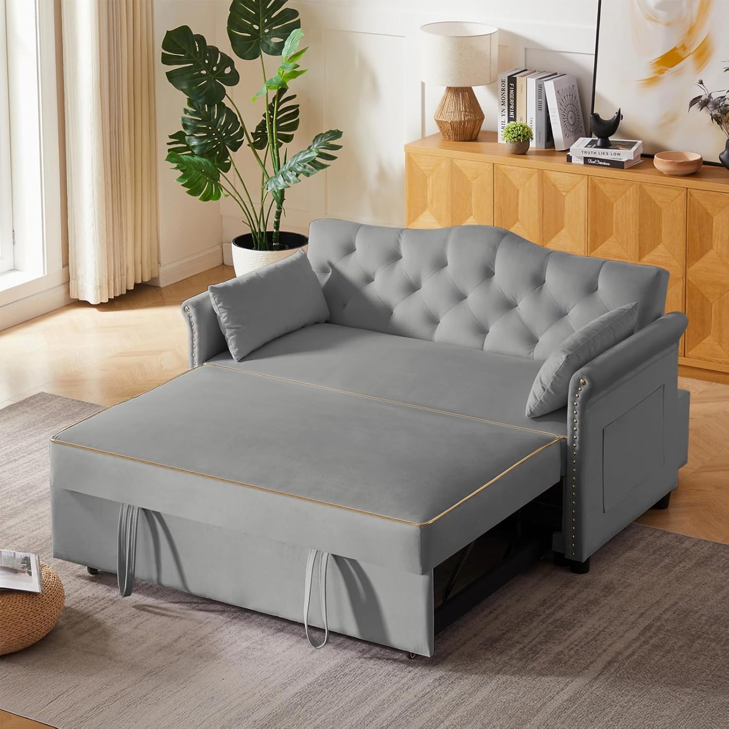 65'' 3-in-1 Folding Convertible Sofa Bed, Pullout Sofa, Modern Chenille Fabric, 360° Swivel Side Table, Easy Assembly, Perfect for Living Room, Black