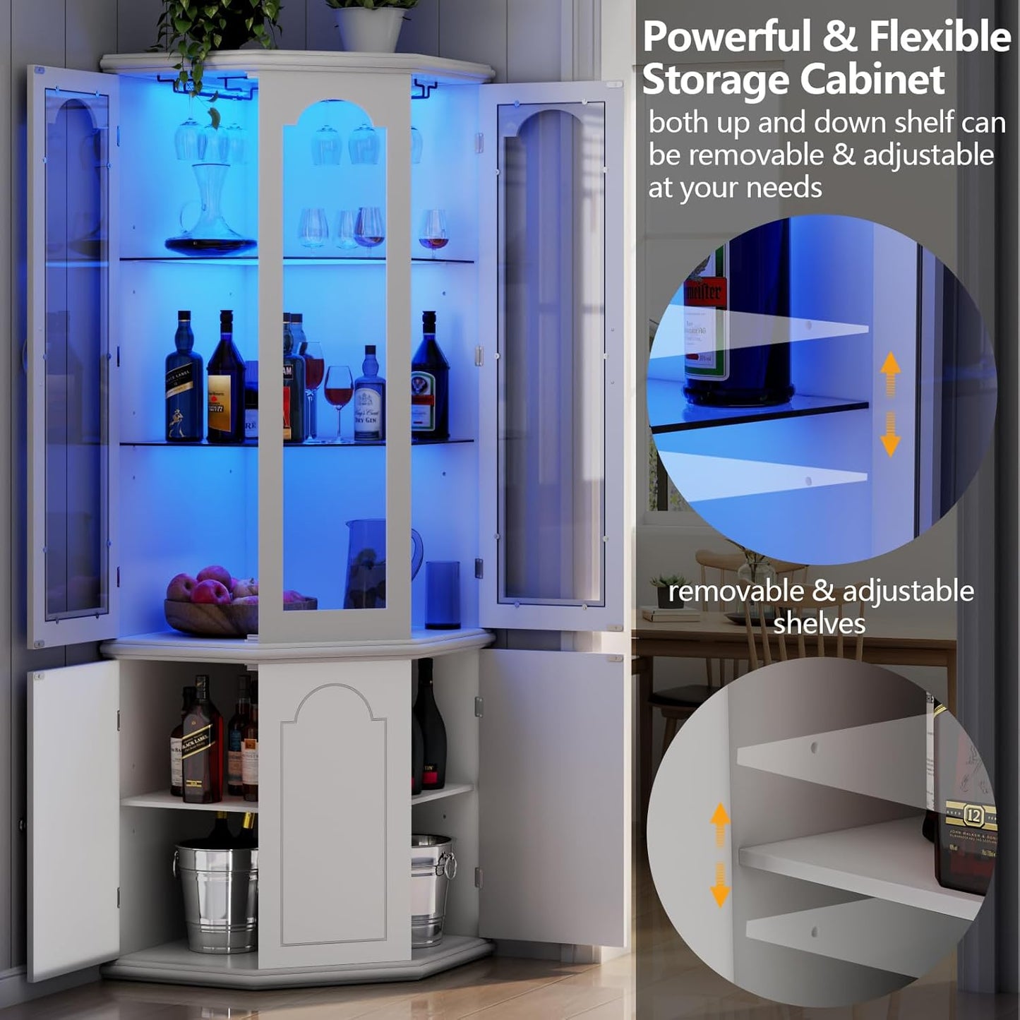 Corner Bar Cabinet w/LED Lights, Tall Modern Wine Cabinet with Tempered Glass Door & Adjustable Shelves, Home Bar Liquor Storage Cabinet with Glass Rack for Living Room, Dining Room (White)