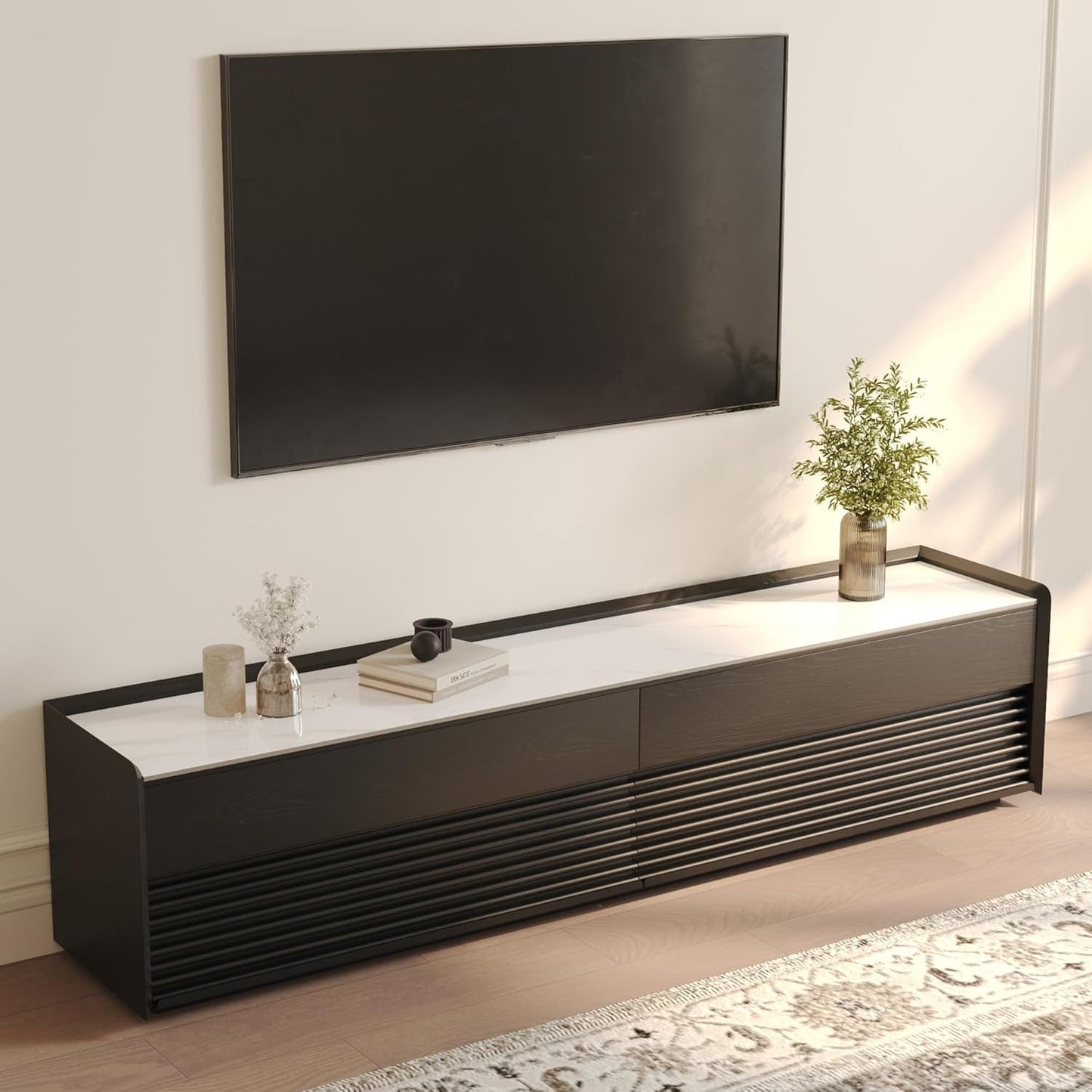 POVISON Fully-Assembled Mid Century Matte Sintered Stone TV Stand, 94.49" Wood Media Console with Adjustable LED Light, Entertainment Center with Storage for Living Room