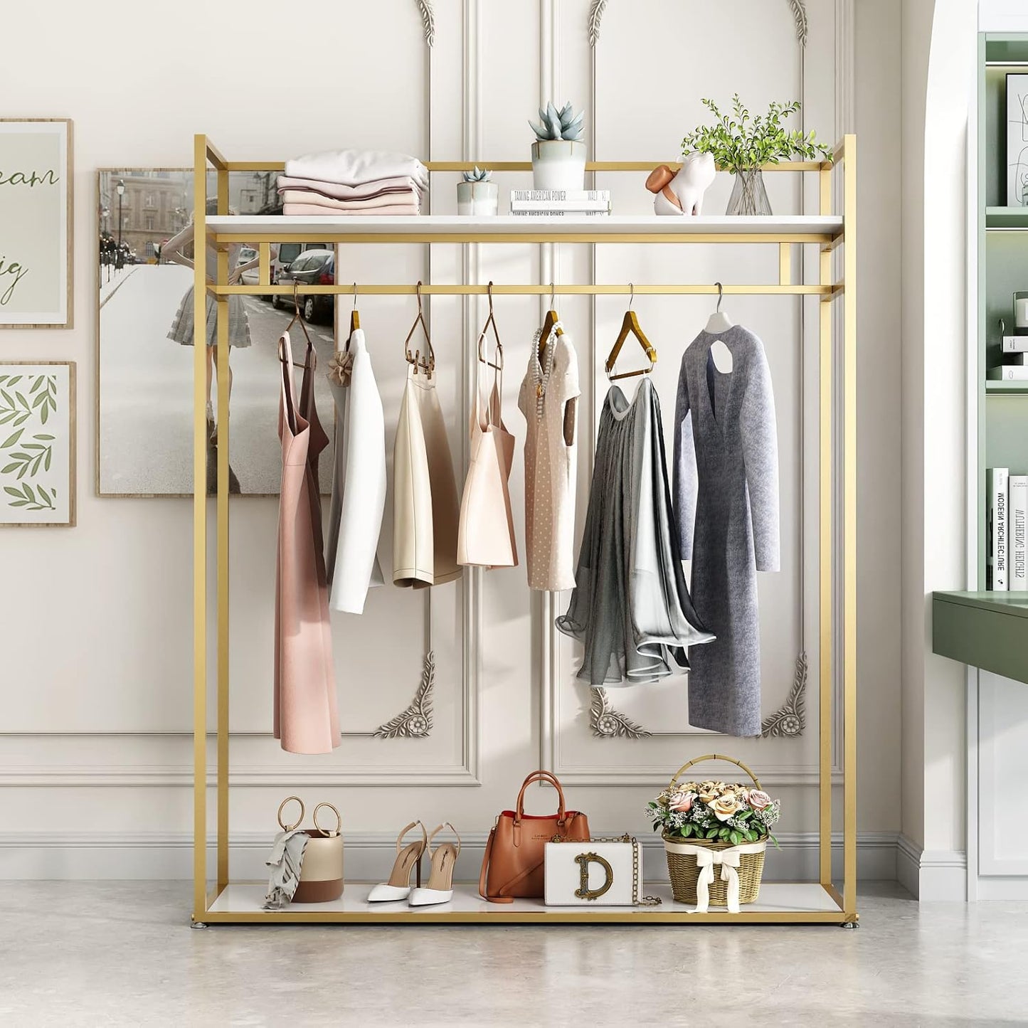 Heavy Duty Clothing Rack with Shelves for Hanging Clothing, Gold Metal Freestanding Garment Rack for Retail Display (47.24" L)