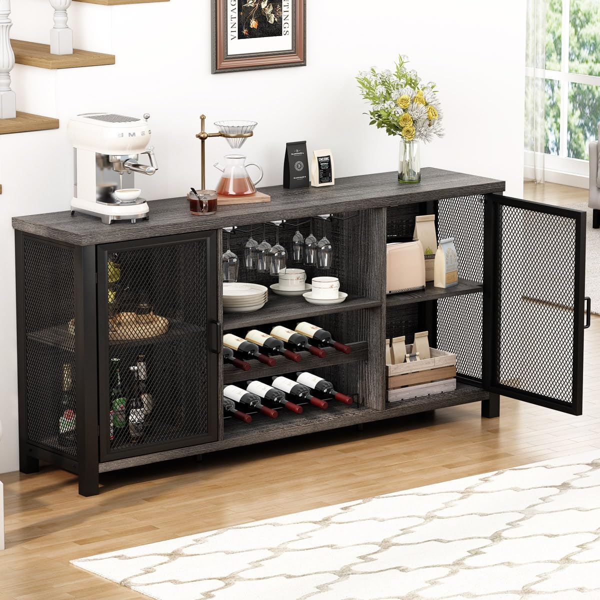 Launica Liquor Bar Cabinet, Industrial Wine Cabinet, Rustic Sideboard Buffet Cabinet for Liquor and Glasses, Coffee Bar Cabinet with Storage Rack for Home Kitchen Dining Room, Dark Grey Oak, 55 in