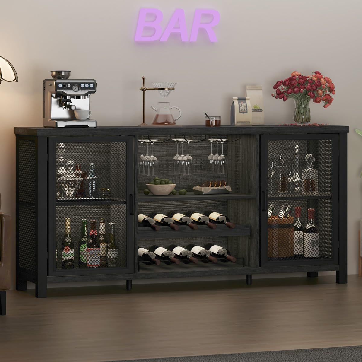 Launica Liquor Bar Cabinet, Industrial Wine Cabinet, Rustic Sideboard Buffet Cabinet for Liquor and Glasses, Coffee Bar Cabinet with Storage Rack for Home Kitchen Dining Room, Dark Grey Oak, 55 in