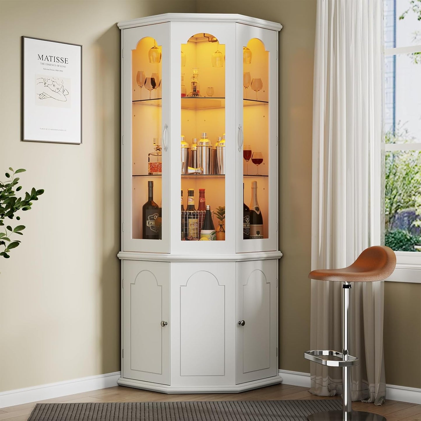 Corner Bar Cabinet w/LED Lights, Tall Modern Wine Cabinet with Tempered Glass Door & Adjustable Shelves, Home Bar Liquor Storage Cabinet with Glass Rack for Living Room, Dining Room (White)