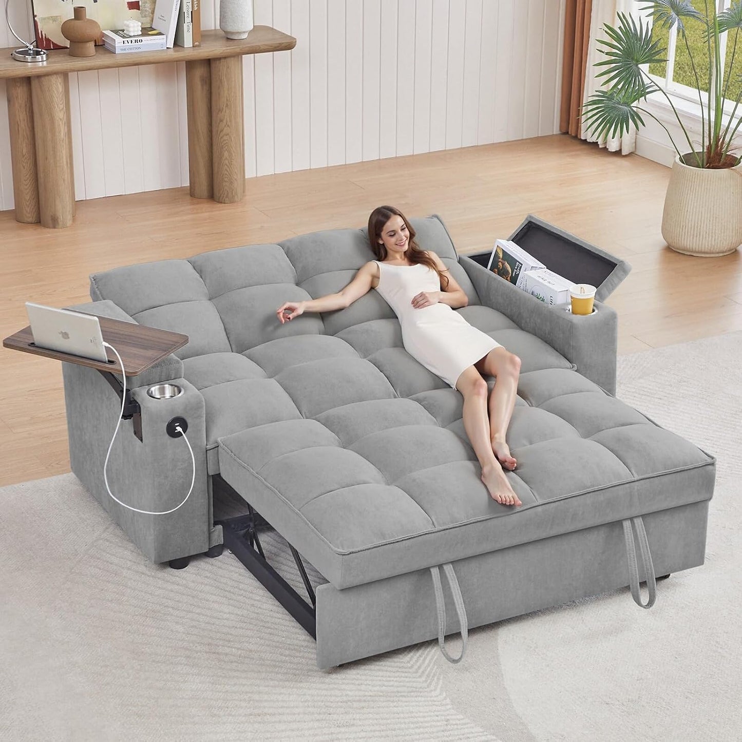65'' 3-in-1 Folding Convertible Sofa Bed, Pullout Sofa, Modern Chenille Fabric, 360° Swivel Side Table, Easy Assembly, Perfect for Living Room, Black