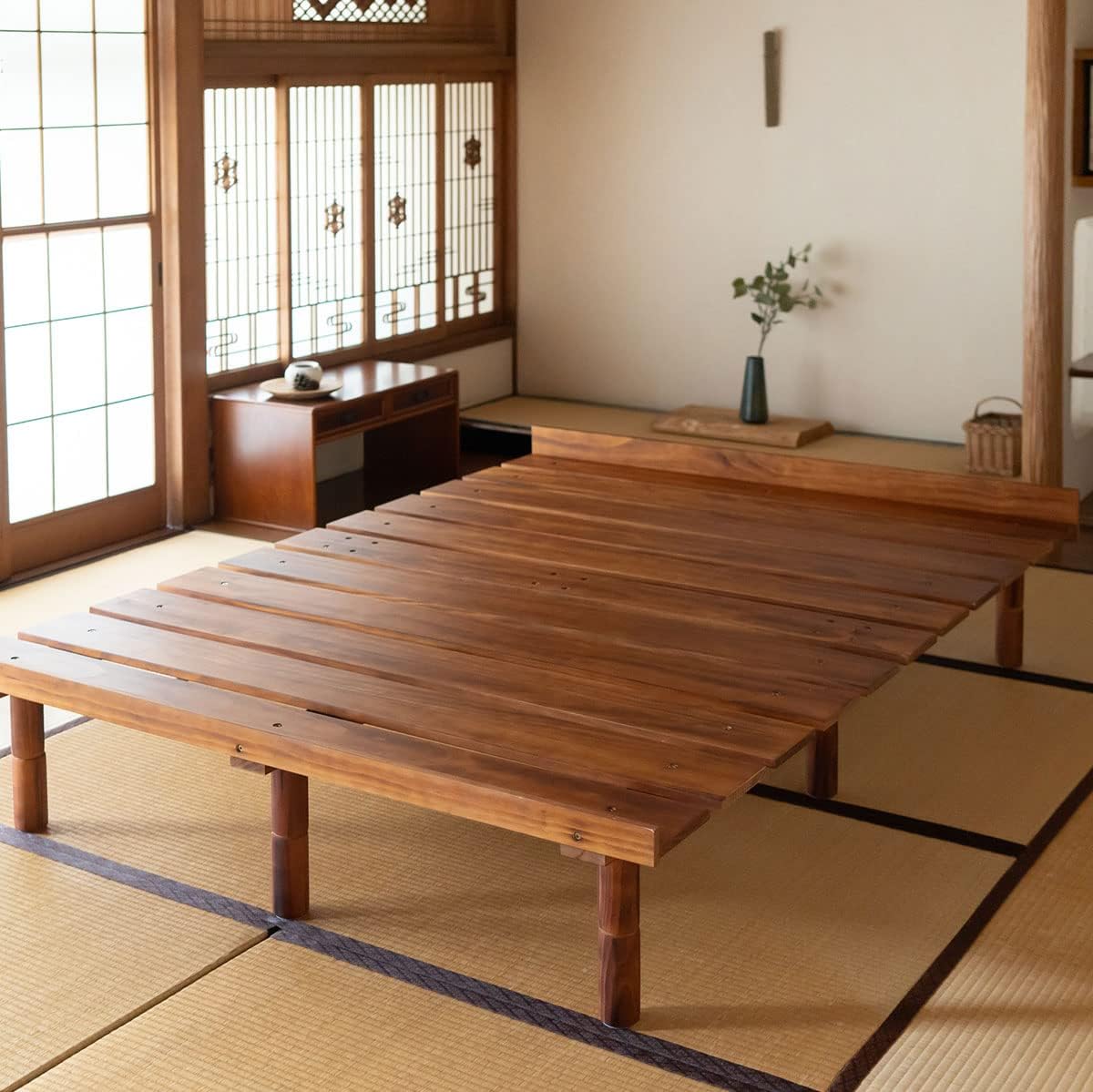 EMOOR Foldable Wood Slatted Floor Bed Frame OSMOS Twin Solid Pine (Earth-Natural), Easy Assembly Space Saving Storable Floor Life Tatami