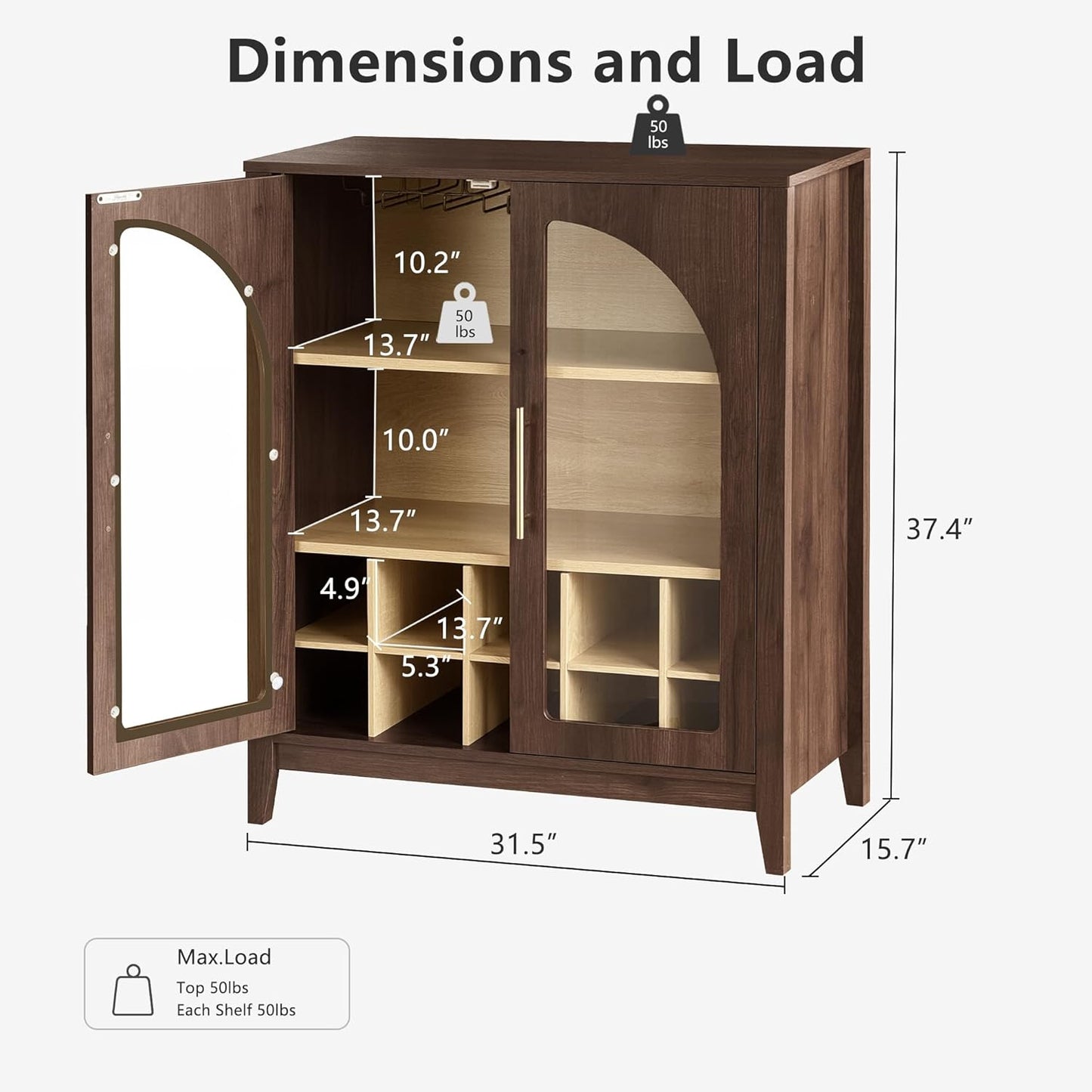 Wine Bar Cabinet with Glass Doors, 31.5" Liquor Cabinet with Wine and Glass Rack, Mid Century Modern Sideboard Buffet Cabinet with Storage for Living Room Kitchen Dining Room, Walnut