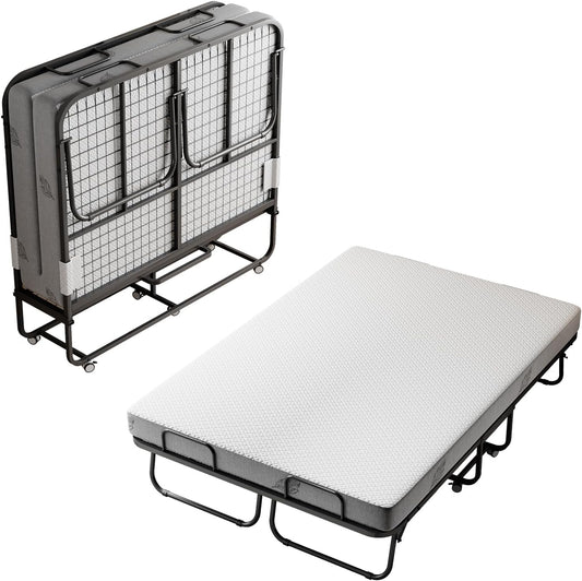 Folding Bed with Mattress 75"x54" Extra Wide Double Folding Bed, Upgraded Sturdy Construction Portable with Mattress for Adult Guests, Folds Down to Save Space (75" x 54")