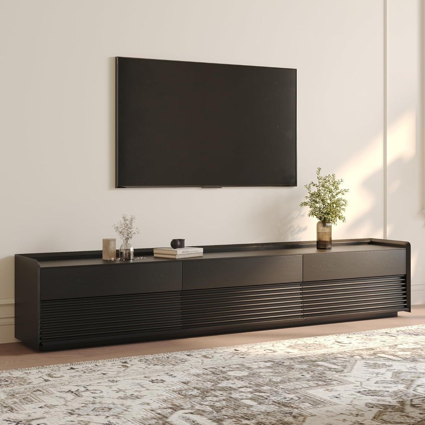 POVISON Fully-Assembled Mid Century Matte Sintered Stone TV Stand, 94.49" Wood Media Console with Adjustable LED Light, Entertainment Center with Storage for Living Room