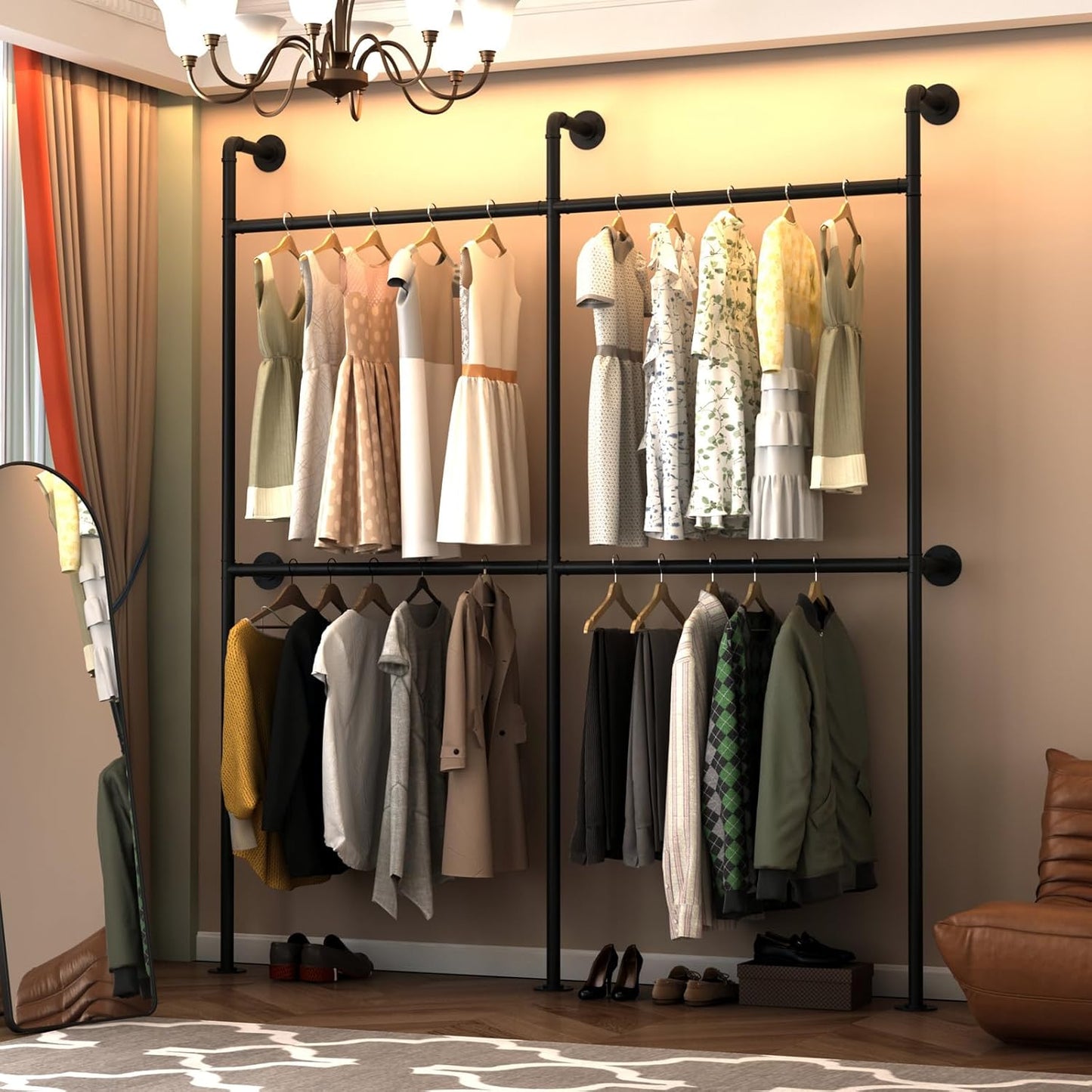 Industrial Pipe Clothes Racks with LED Lights& Shelves, 118" Wall Mounted Clothing Rack for Hanging Clothes, Heavy Duty Industrial Pipe Shelving for Walk-in Closet, Black