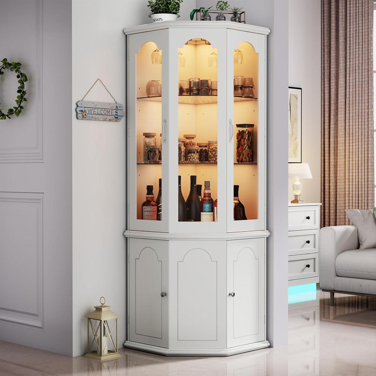 Corner Bar Cabinet w/LED Lights, Tall Modern Wine Cabinet with Tempered Glass Door & Adjustable Shelves, Home Bar Liquor Storage Cabinet with Glass Rack for Living Room, Dining Room (White)