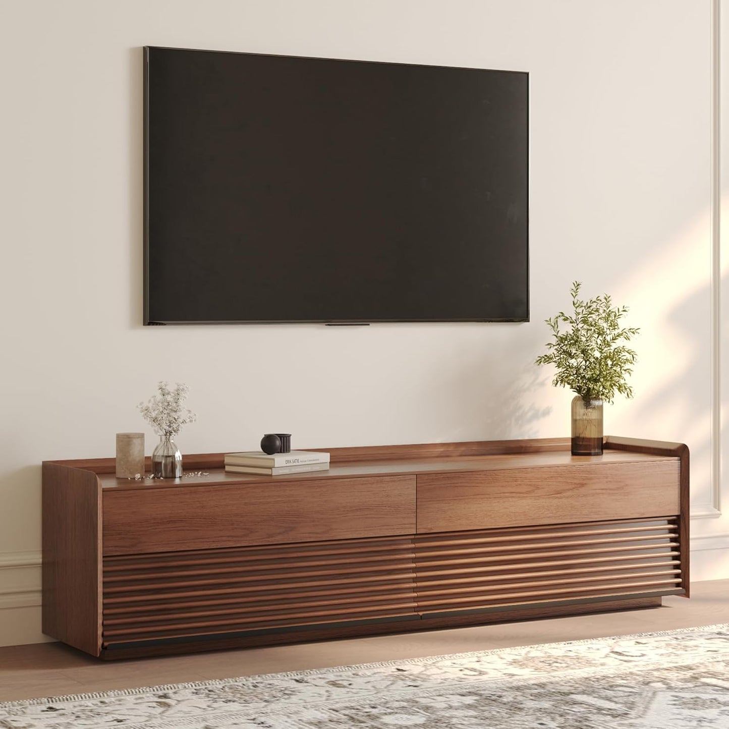 POVISON Fully-Assembled Mid Century Matte Sintered Stone TV Stand, 94.49" Wood Media Console with Adjustable LED Light, Entertainment Center with Storage for Living Room