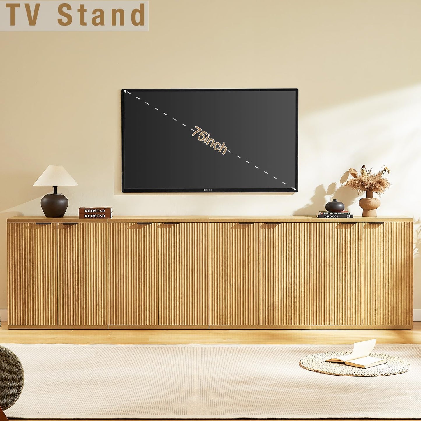Buffet Cabinet with Storage Accent Sideboard, 96'' Sideboard Fluted Modern Boho Credenza with Door, Mid Century TV Stand, Minimalist Coffee Bar Console Table for Living Room, Dining Room