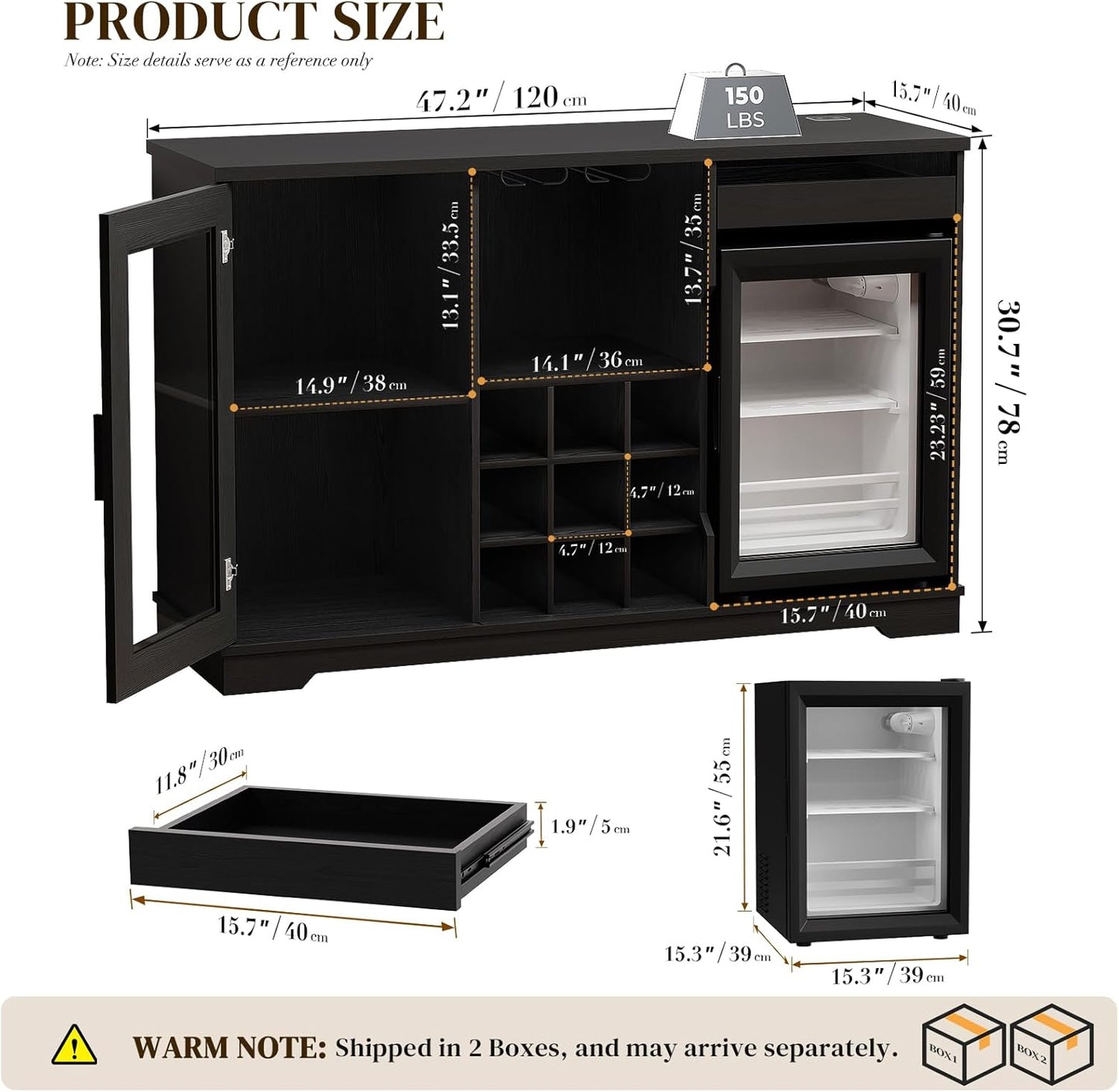 Wine Bar Cabinet with Fridge (Included), Liquor Coffee Cabinet with LED Lights & Rack, Mini Fridge Cabinet with Storage, Human Body Sensor, Sideboard Buffet for Kitchen Dining Room, Black