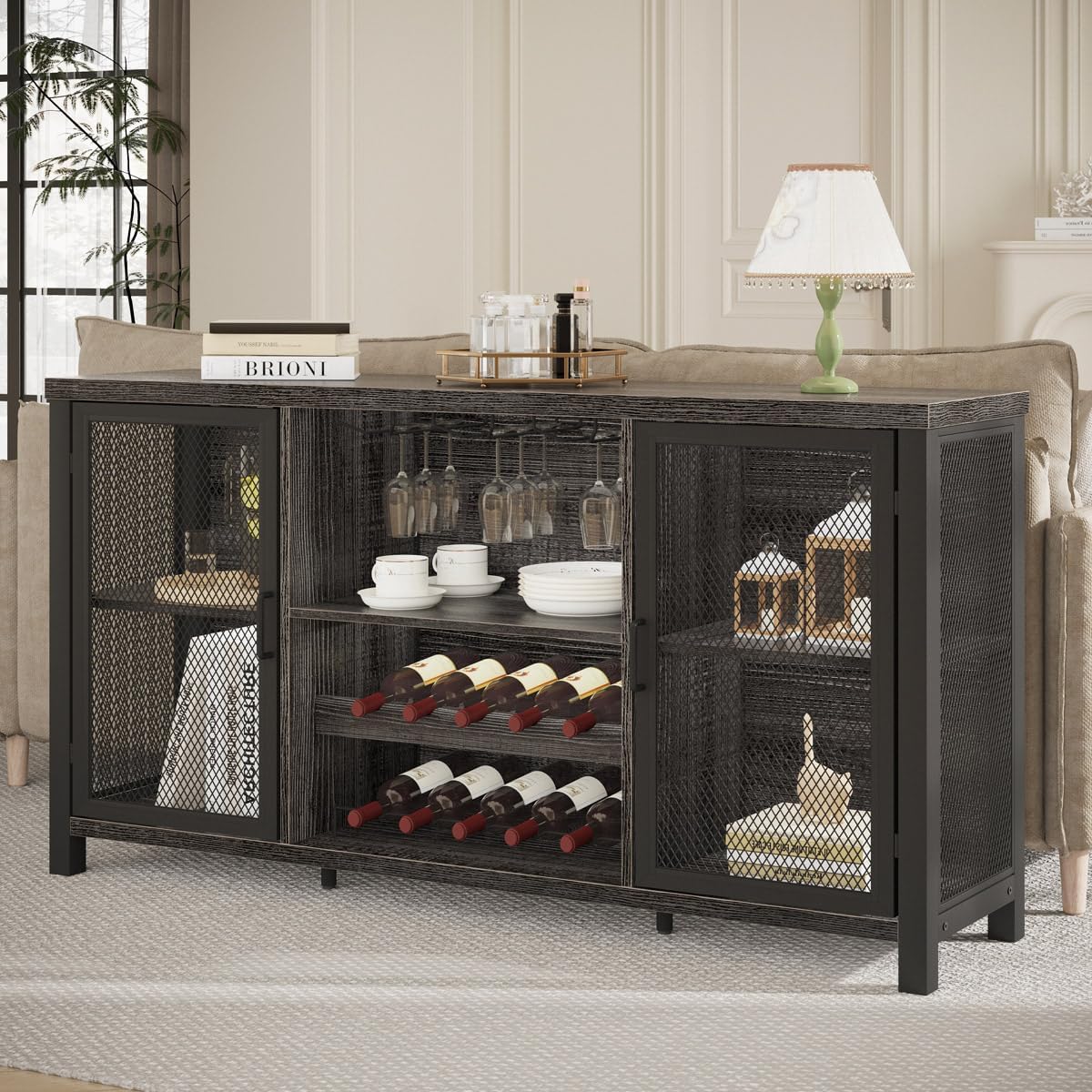 Launica Liquor Bar Cabinet, Industrial Wine Cabinet, Rustic Sideboard Buffet Cabinet for Liquor and Glasses, Coffee Bar Cabinet with Storage Rack for Home Kitchen Dining Room, Dark Grey Oak, 55 in
